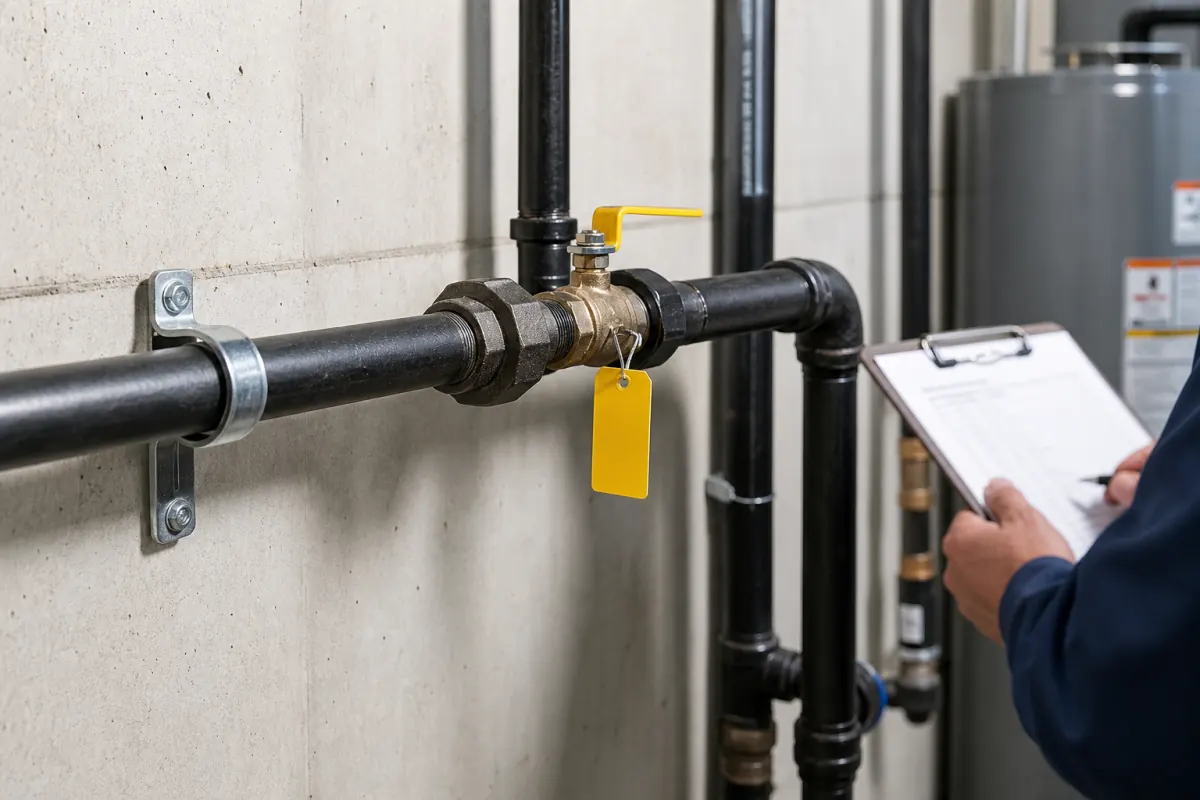 Licensed technician pressure-testing a black-iron residential gas line in a Chicago-area basement