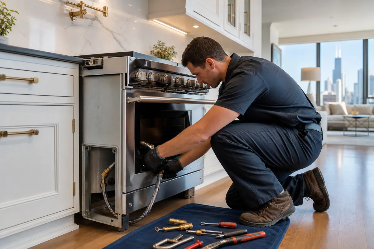 Licensed Chicago technician capping a kitchen gas line stub after a stove removal