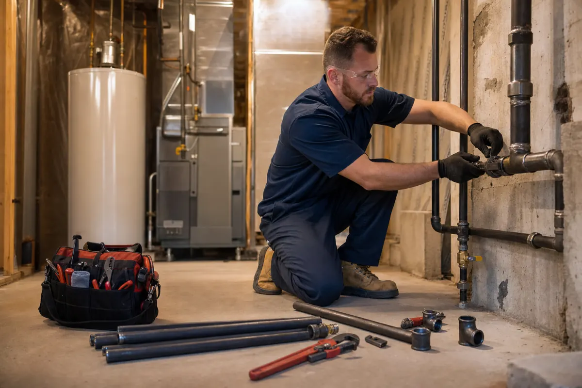 Licensed Chicago technician installing a black iron gas line to a kitchen range with a pressure gauge attached