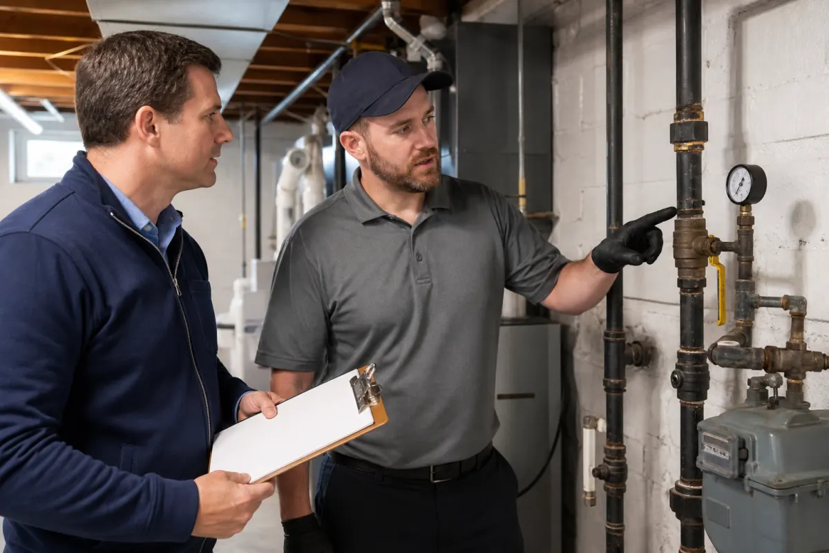 Licensed Chicago technician inspecting a yellow flexible gas line under a home before an insurance claim