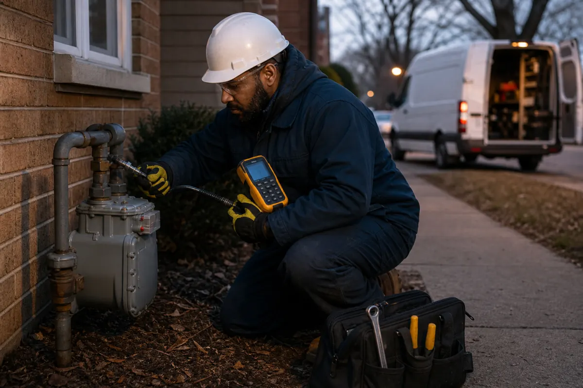 Licensed Chicago technician pressure-testing a repaired residential gas line with a gauge