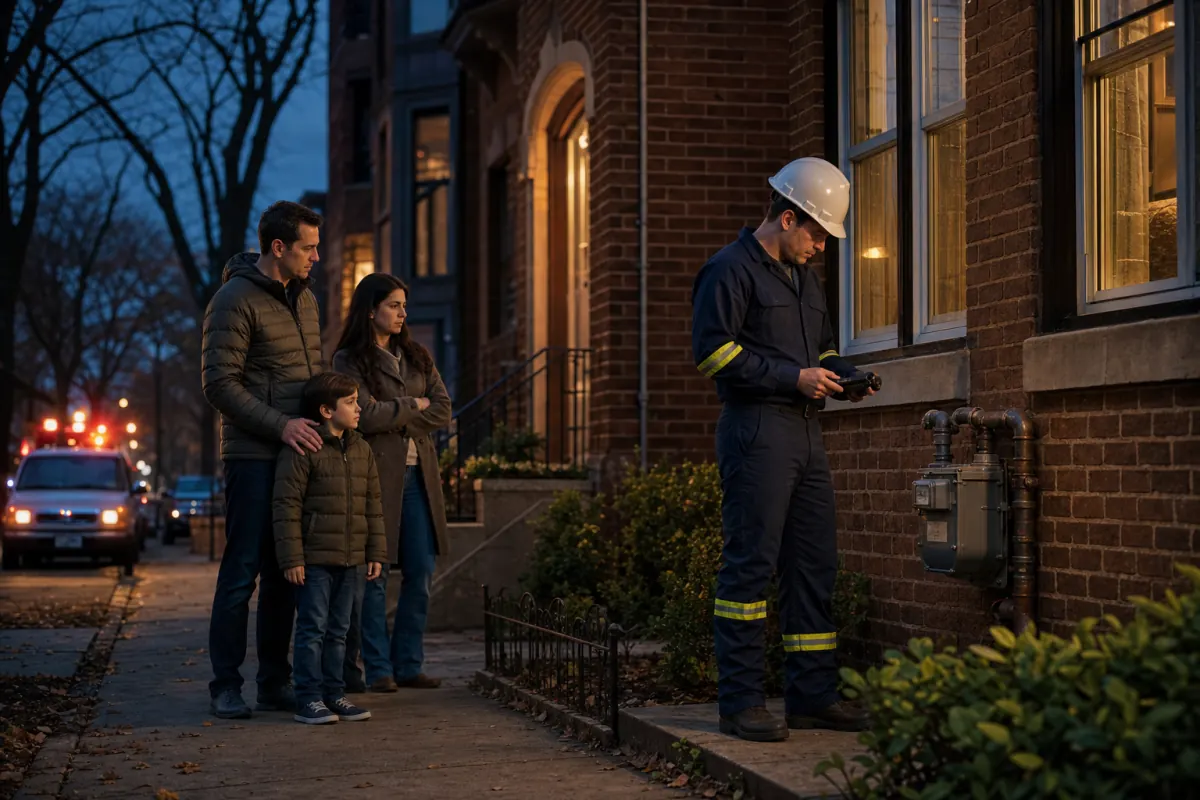 Worried Chicago homeowner on the phone near a gas stove deciding who to call about a rotten egg smell